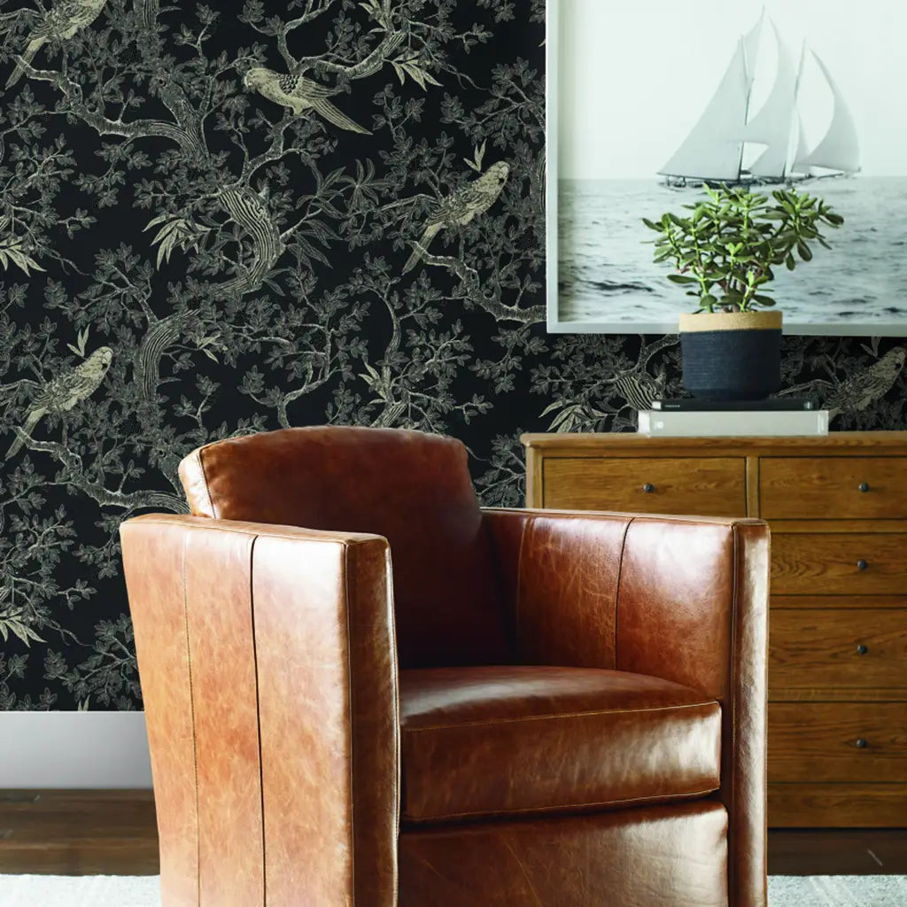 Stylish living room featuring Regal Ridge Black and Beige wallpaper by York Wallcoverings.