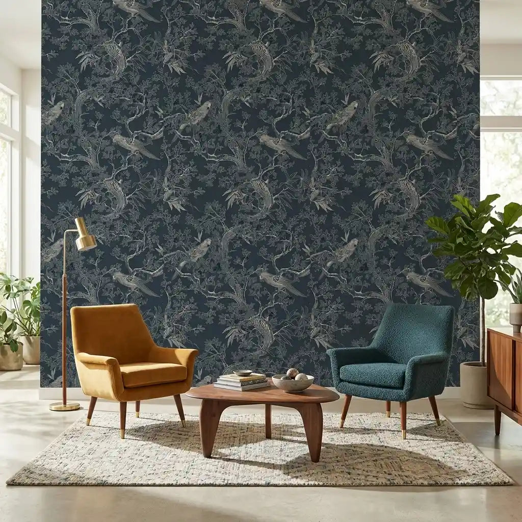 Living Room - Features Regal Ridge Dark Blue wallpaper by York Wallcoverings, adding depth and style to this inviting space.