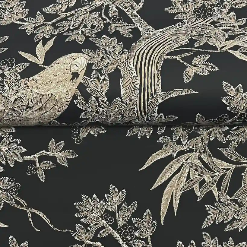 Close-up texture detail of York Wallcoverings' 'Regal Ridge' wallpaper, showcasing its elegant black and beige pattern.