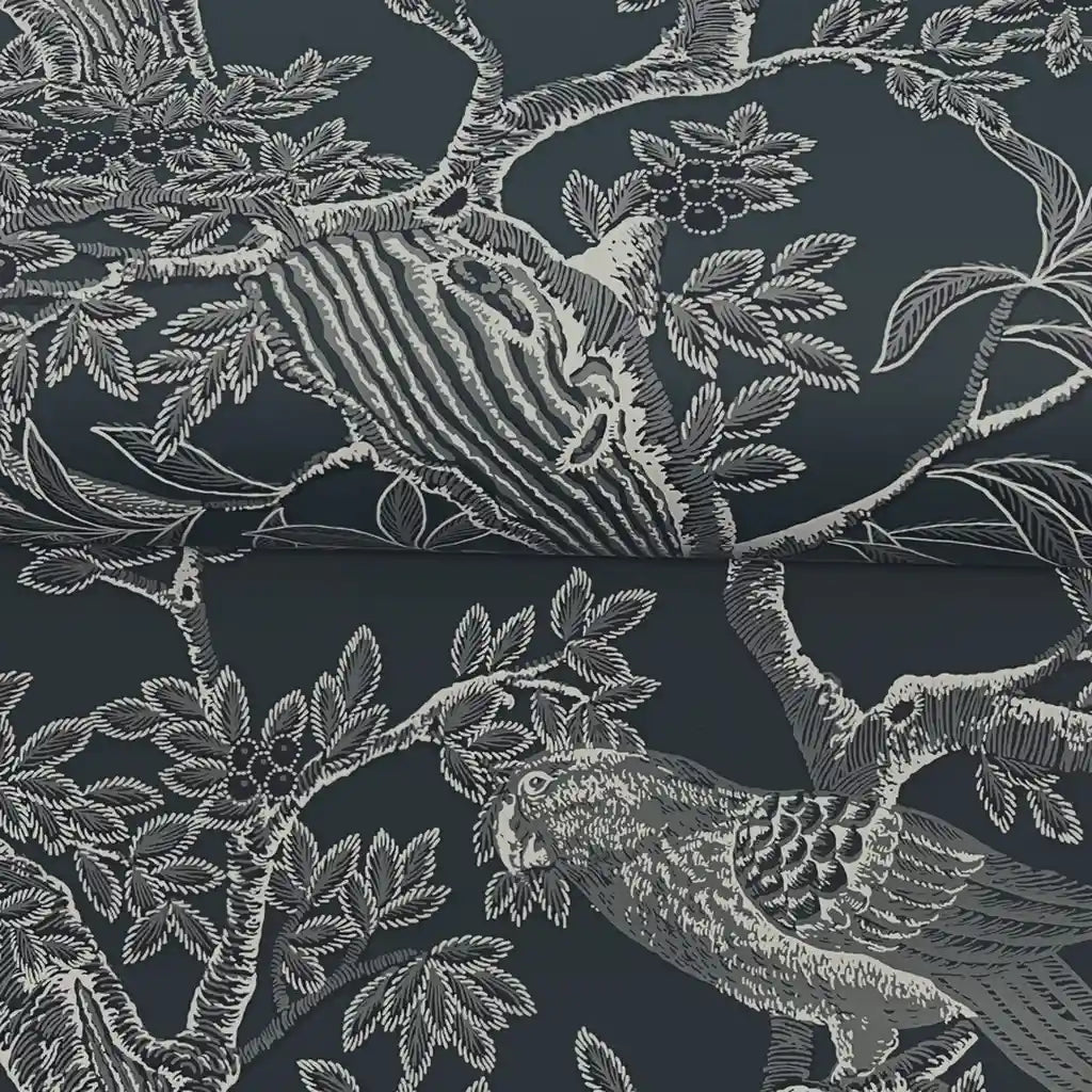 Close-up textural detail of York Wallcoverings' "Regal Ridge" dark blue wallpaper, showcasing its elegant, intricate pattern.