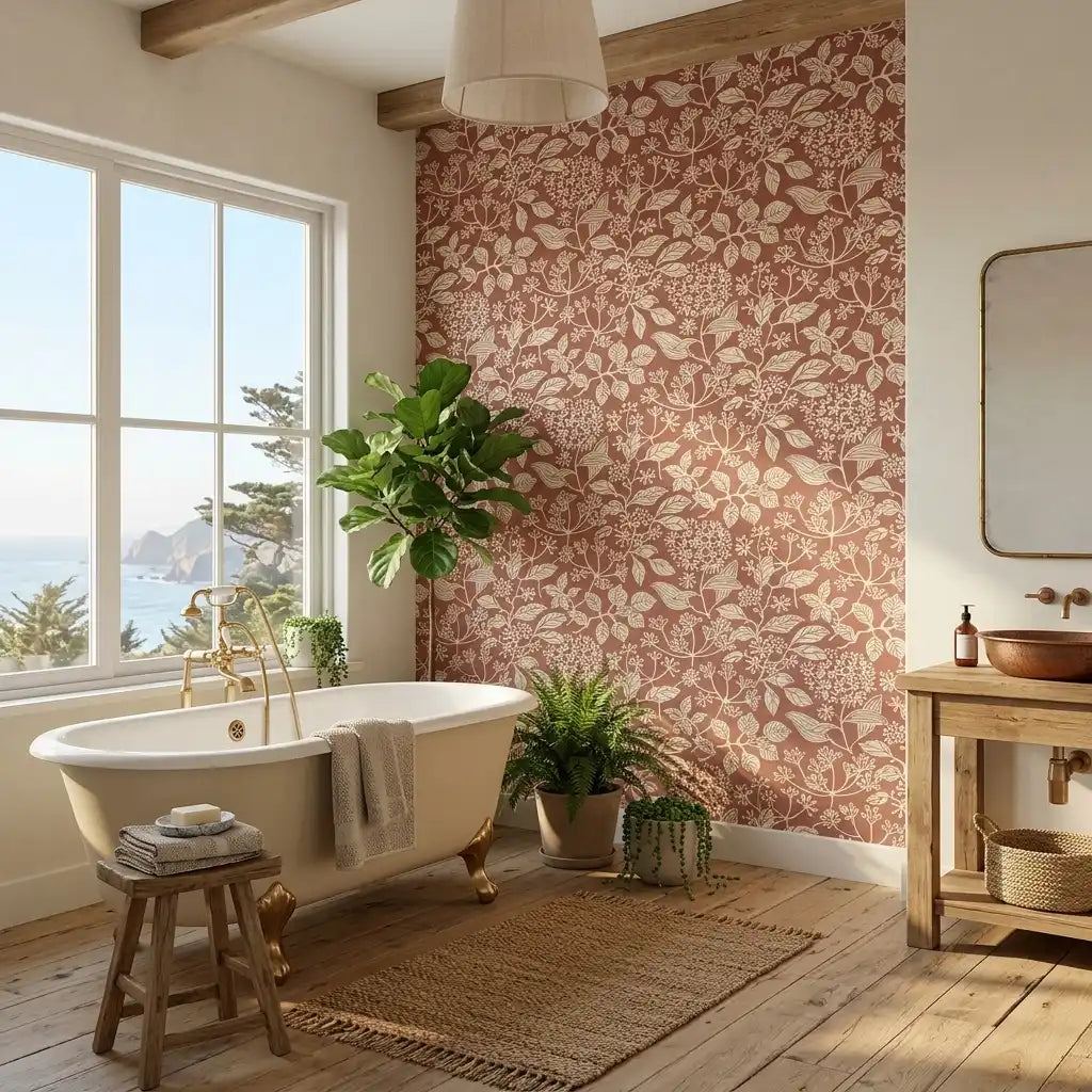 Bathroom - features 'Rowen' wallpaper in Red, Cream by York Wallcoverings, creating a vibrant and elegant space.