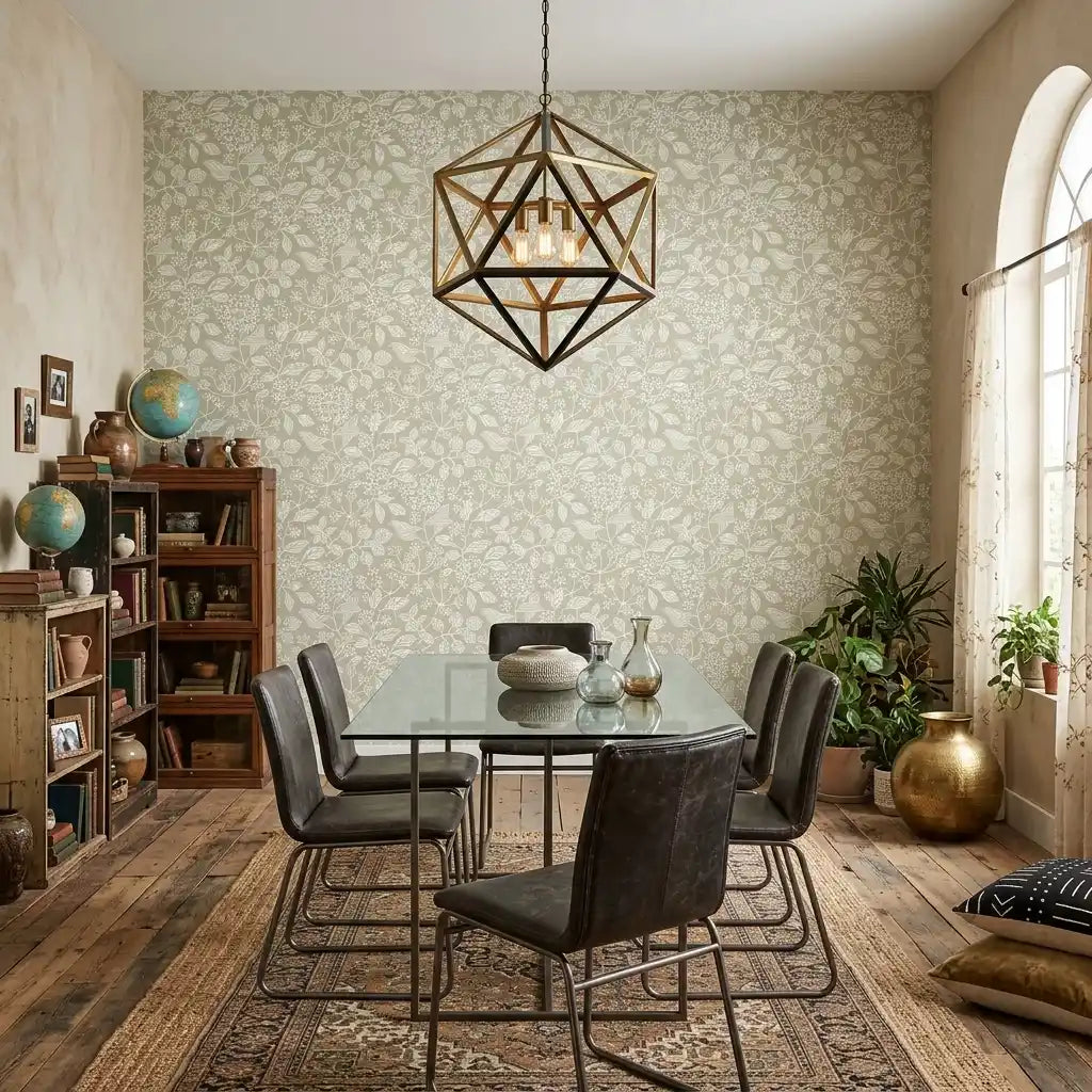 Dining Room - Elegant dining space with 'Rowen' wallpaper in Taupe, White by York Wallcoverings creating a sophisticated ambiance.