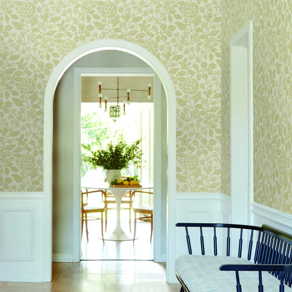 Entryway photo showcases elegant Rowen wallpaper in Beige and Cream by York Wallcoverings, enhancing a welcoming first impression.
