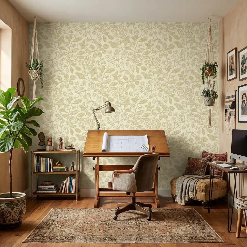 Home Office - Features Rowen wallpaper in Beige, Cream by York Wallcoverings, enhancing this modern and productive workspace.