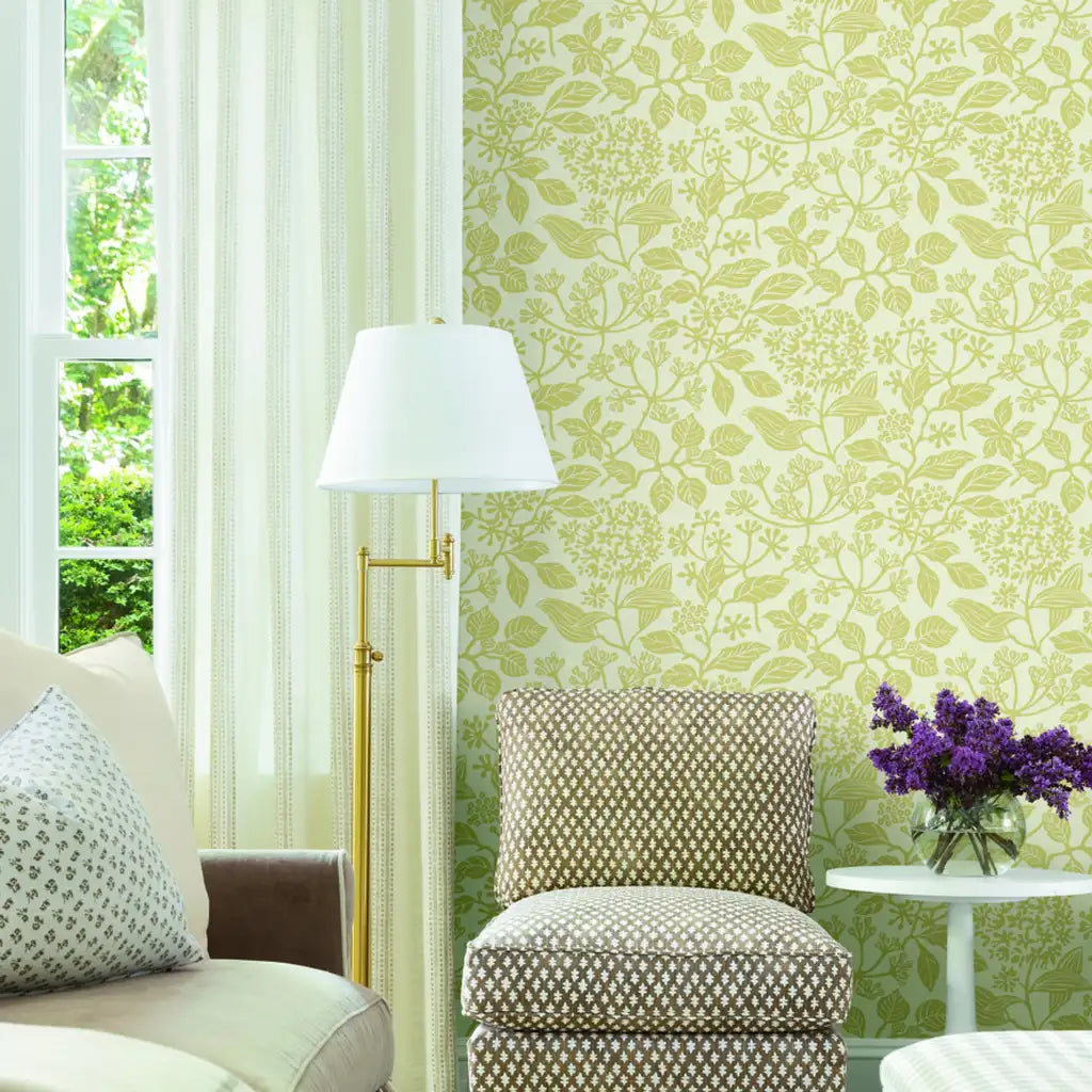 Living room with elegant 'Rowen' wallpaper in Beige Cream by York Wallcoverings.