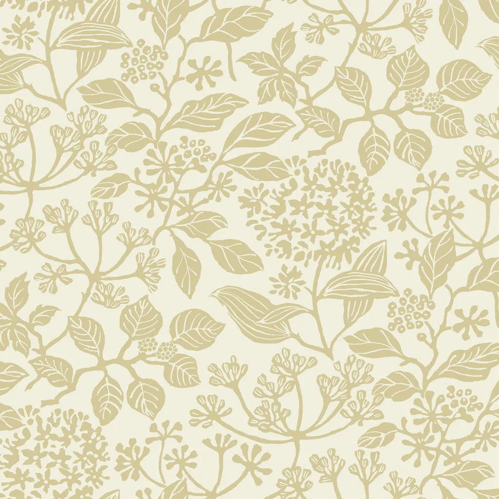 A swatch of York Wallcoverings Rowen wallpaper (VP1341) features a delicate pattern in beige and cream colors.