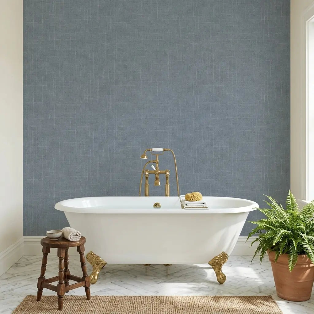 Bathroom - Features elegant Saratoga wallpaper in Blue Grey by York Wallcoverings, creating a serene and stylish space.