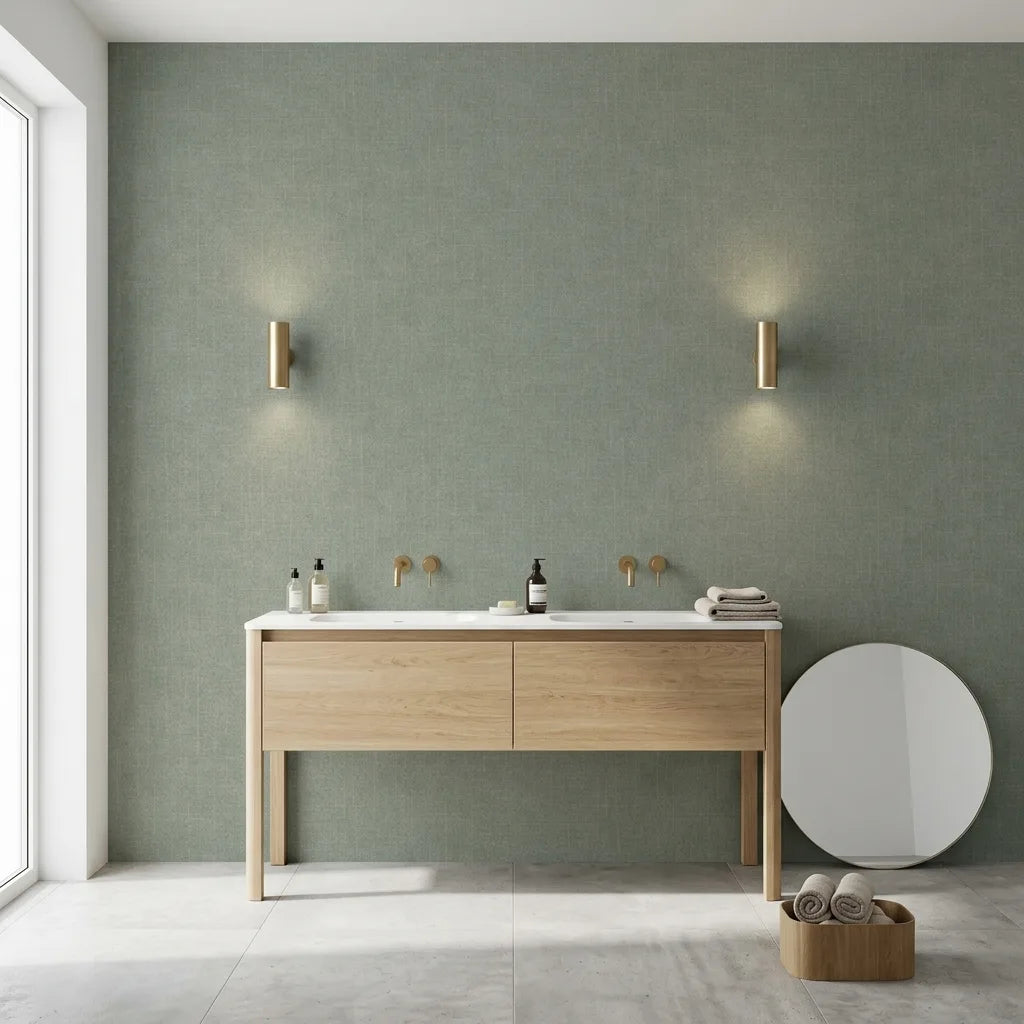 Bathroom - Features Saratoga wallpaper in Sage Green by York Wallcoverings, creating a serene and stylish space.