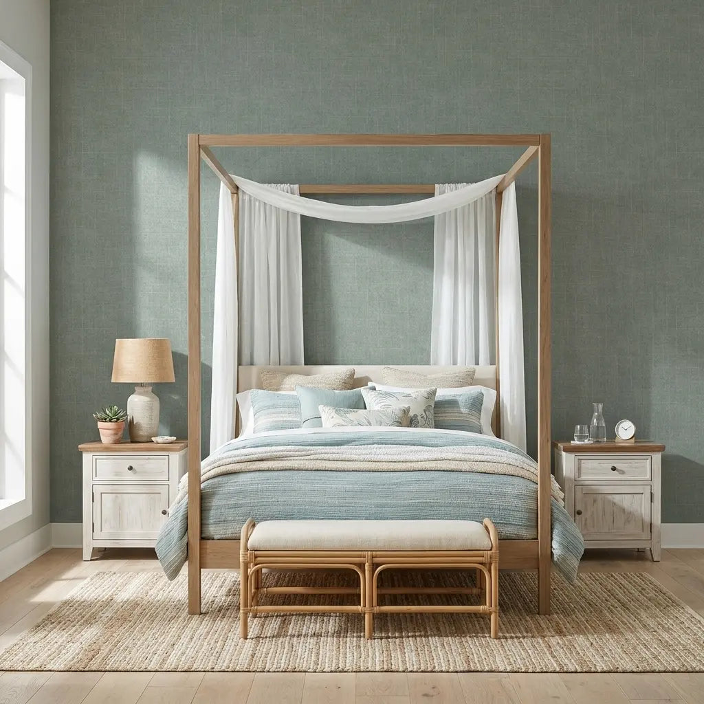 Bedroom - Elegant bedroom with Saratoga wallpaper in Sage Green by York Wallcoverings, creating a serene and stylish space.