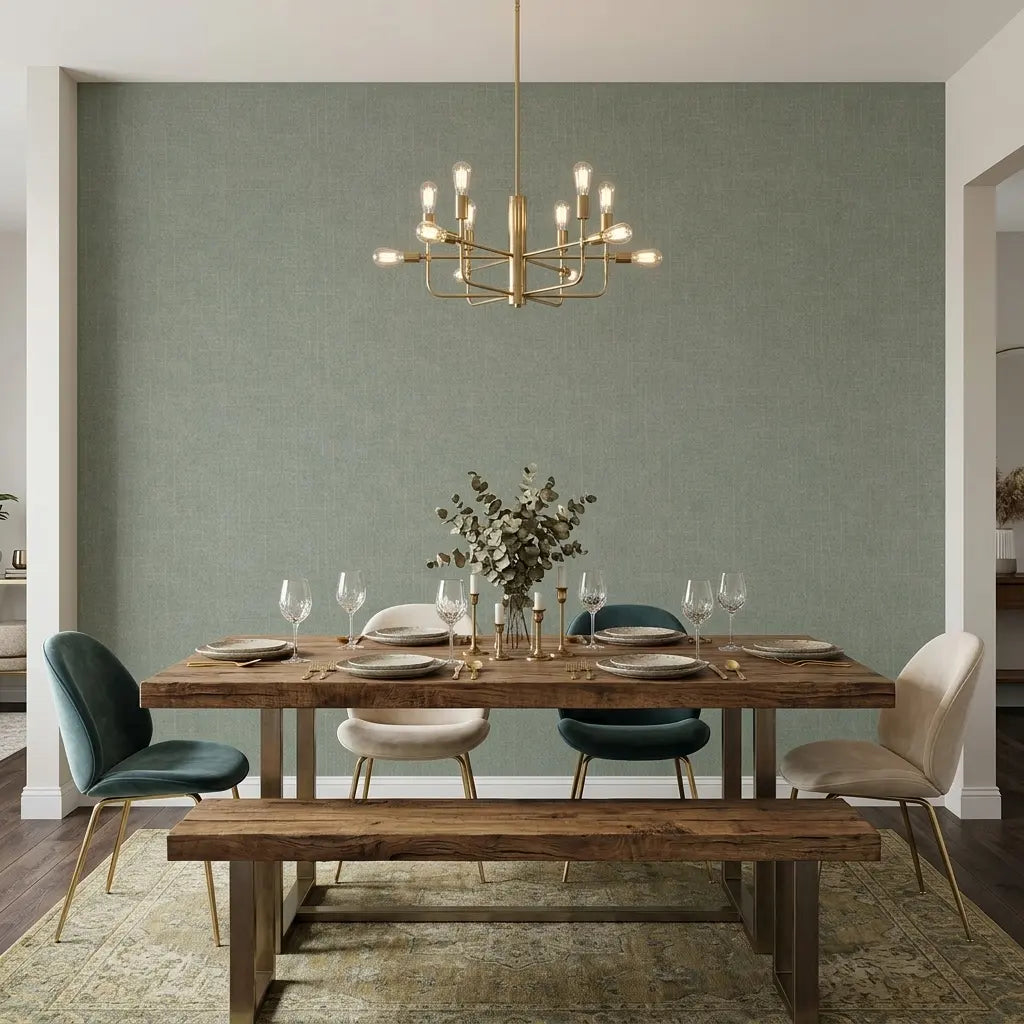 Dining Room - Sophisticated dining room showcasing beautiful Saratoga wallpaper in Sage Green by York Wallcoverings, enhancing the decor.