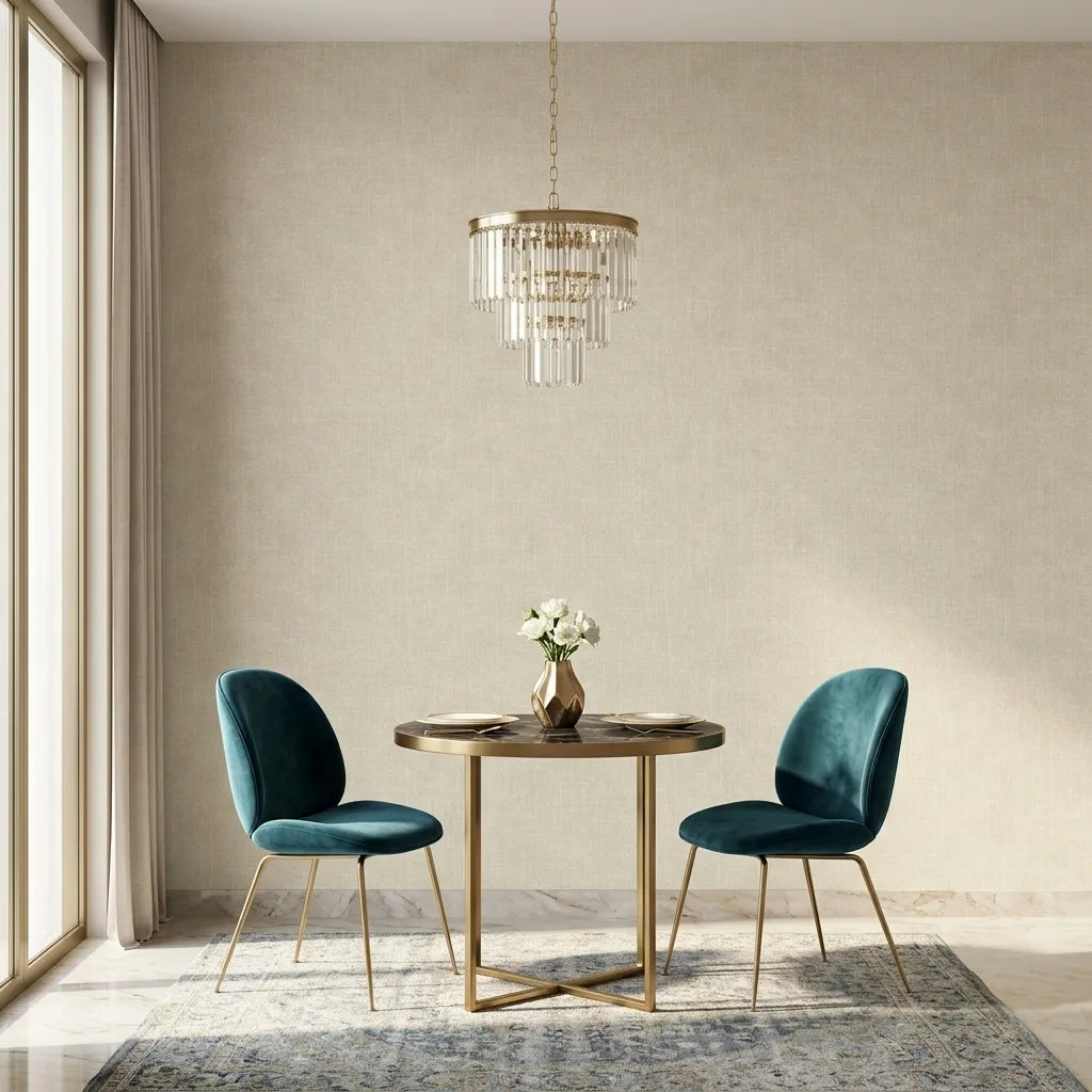 Dining Room - Beautiful dining space showcasing Saratoga wallpaper in Warm Ivory by York Wallcoverings for a bright, refined look.