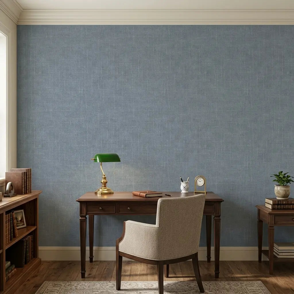 Home Office - Sophisticated workspace showcasing Saratoga wallpaper in Blue Grey by York Wallcoverings, perfect for focus.