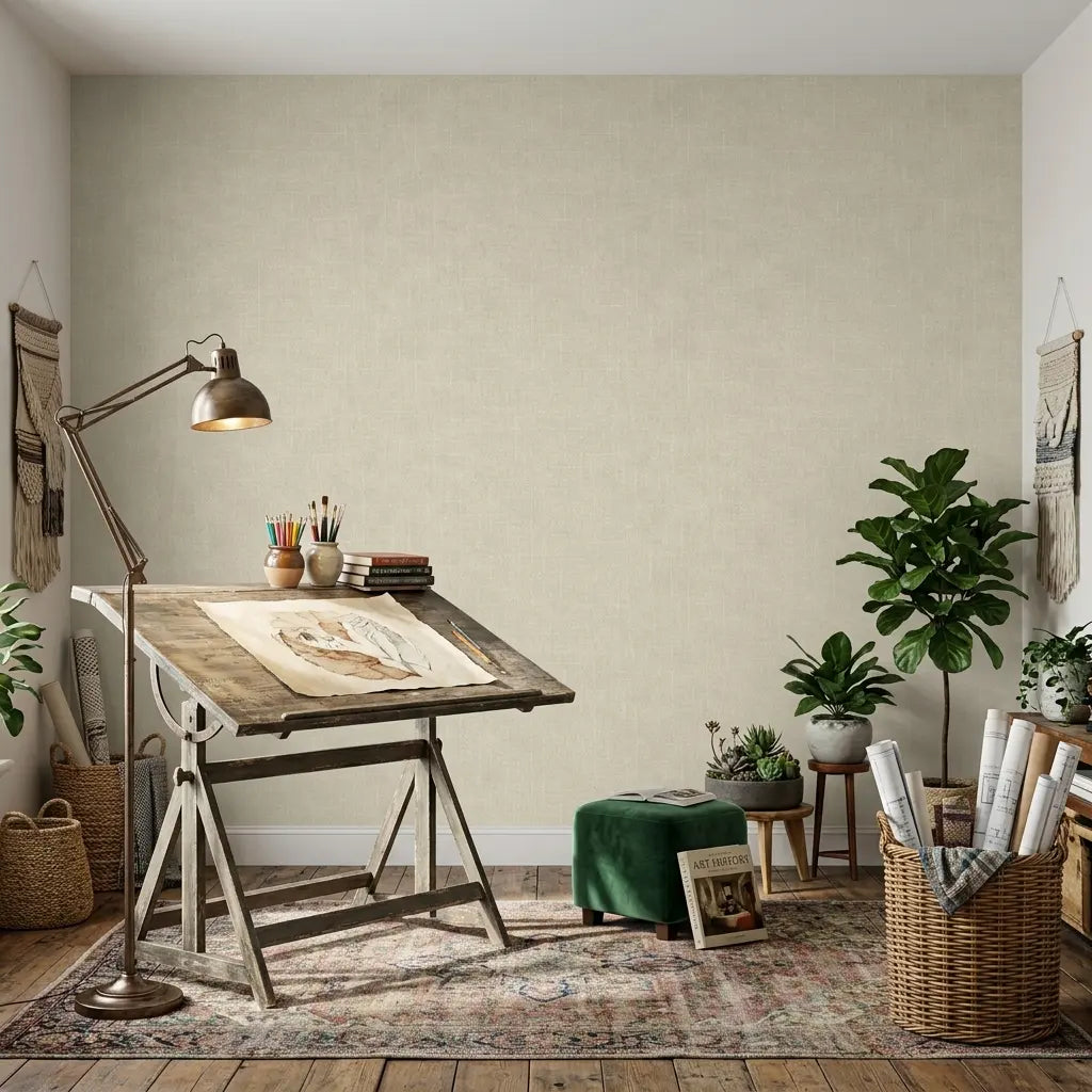 Home Office - Elegant space featuring Saratoga wallpaper in Warm Ivory by York Wallcoverings, ideal for focused work.