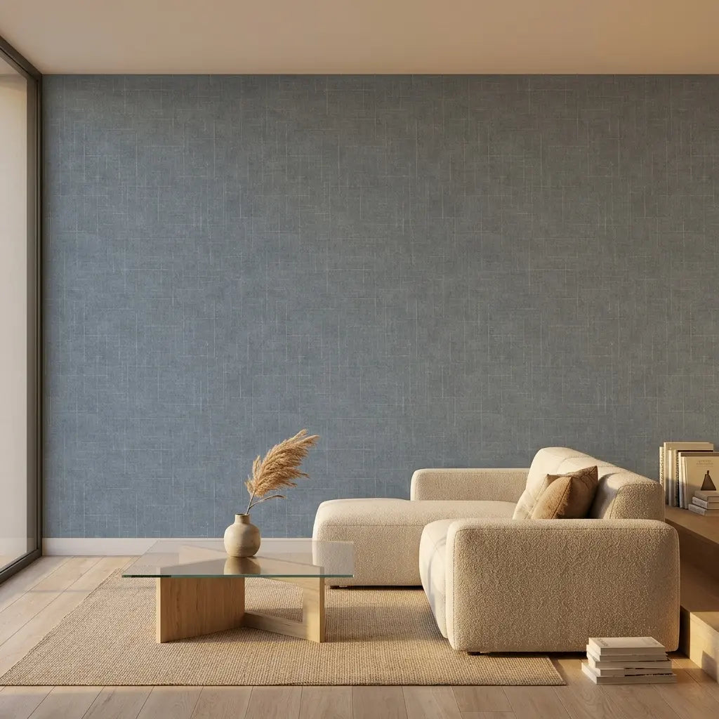 Living Room - Elegant living room showcasing Saratoga wallpaper in Blue Grey by York Wallcoverings, adding serene sophistication.