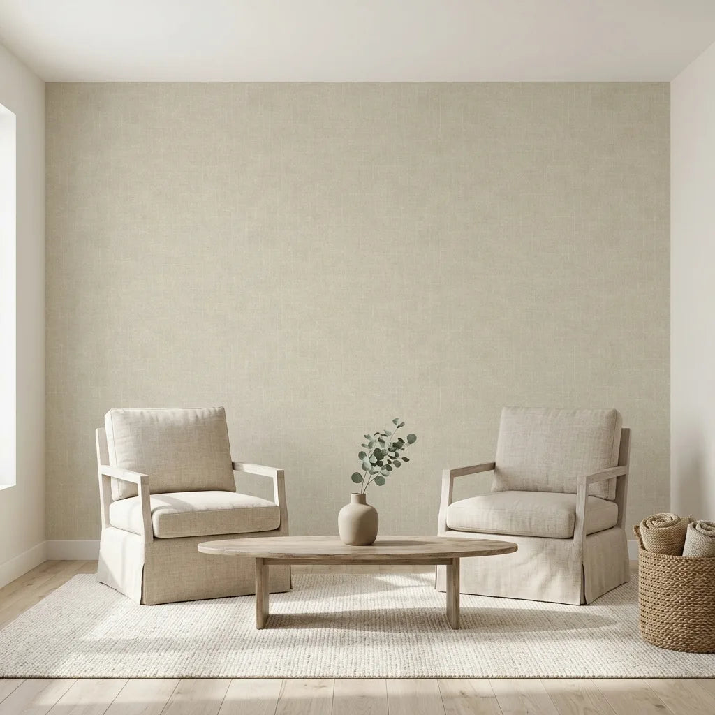 Living Room - features Saratoga wallpaper in Warm Ivory by York Wallcoverings, creating a serene and elegant space.