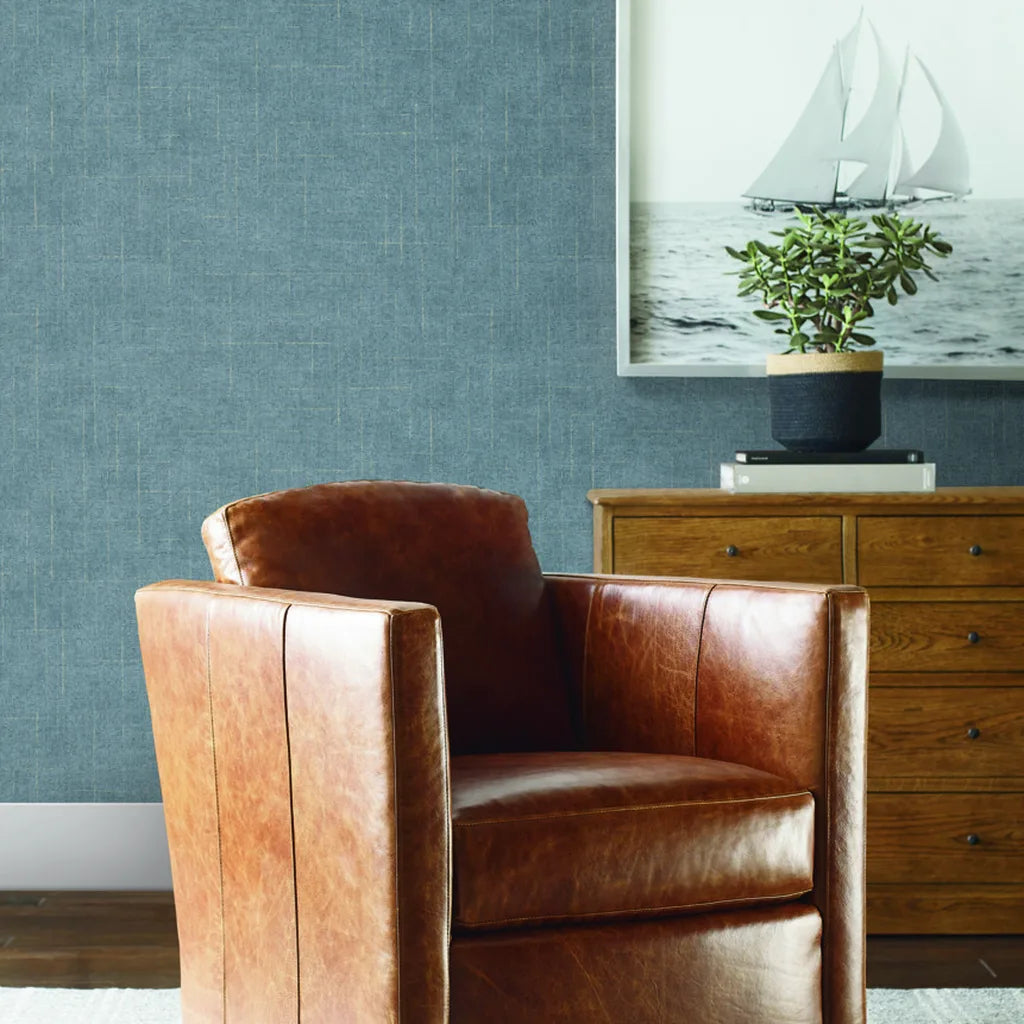 Living room showcasing elegant Blue Grey Saratoga wallpaper by York Wallcoverings, adding serene style.