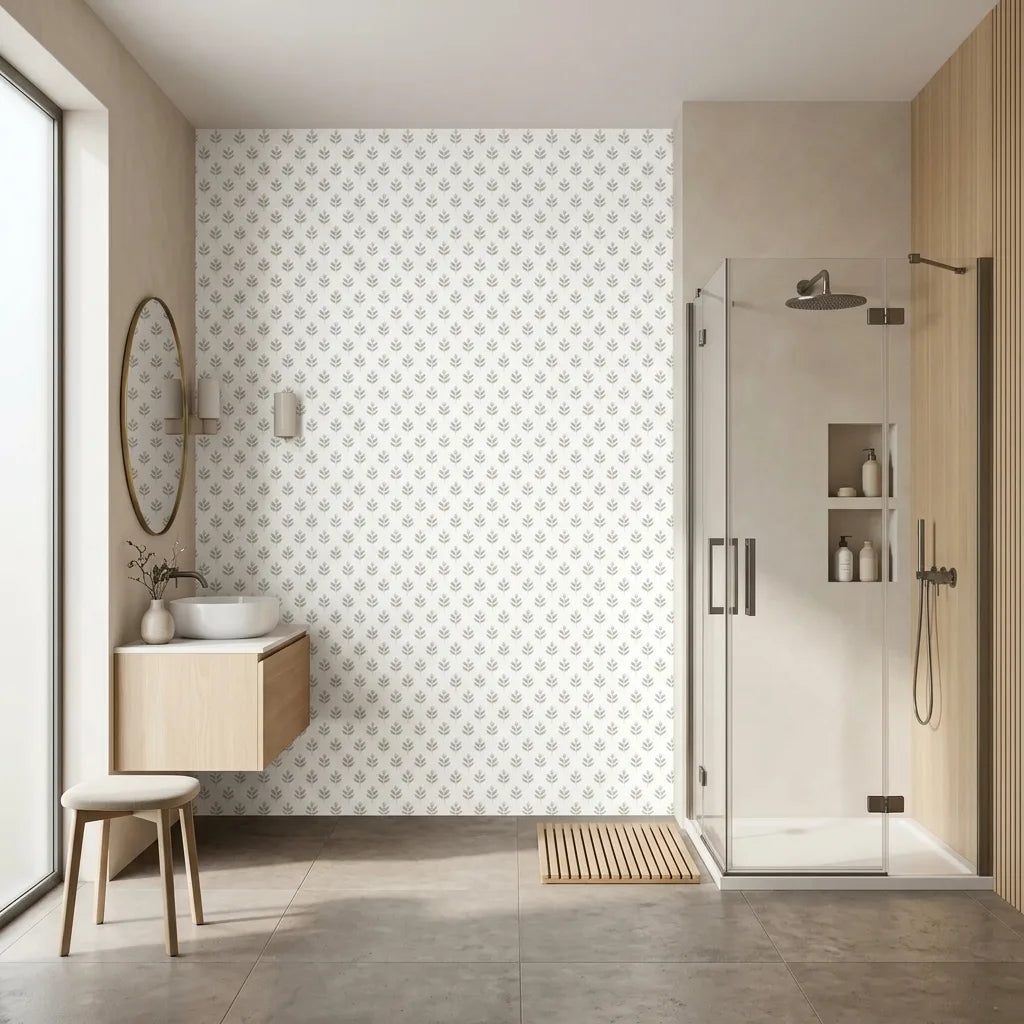 Bathroom - Serene Villa wallpaper by York Wallcoverings in Grey, Gold, White brightens this elegant bathroom design.