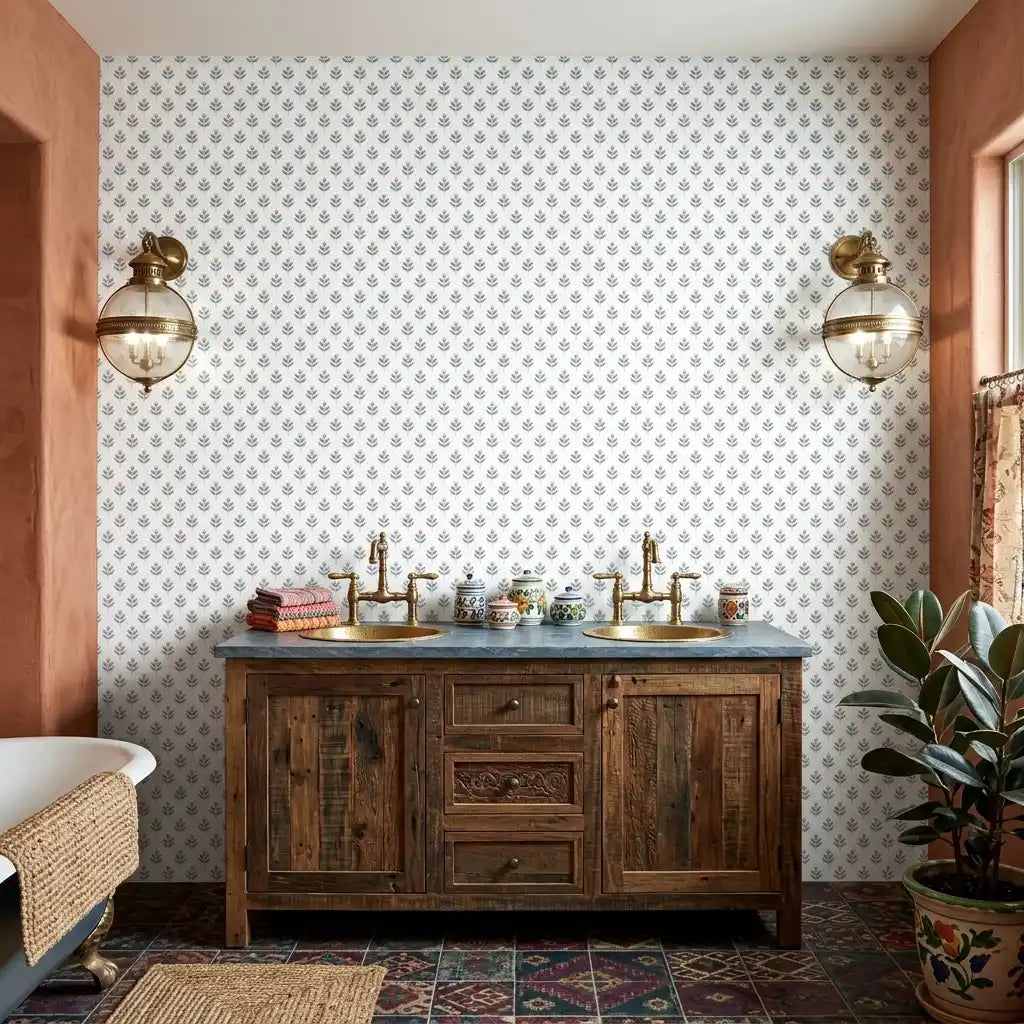 Bathroom - Features 'Serene Villa' wallpaper by York Wallcoverings, a stunning Blue, Coral, and White design.