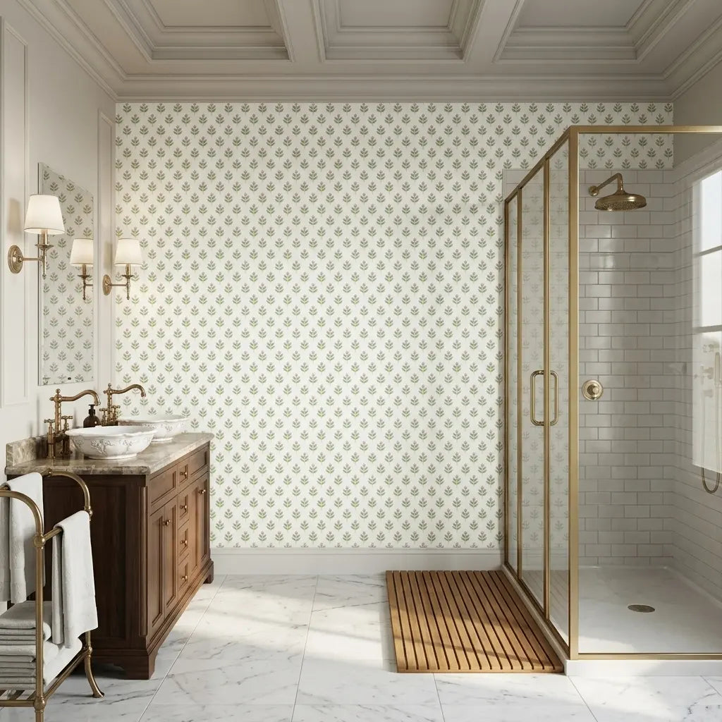 Bathroom - Serene Villa wallpaper by York Wallcoverings in green, pink, and white creates a tranquil space.