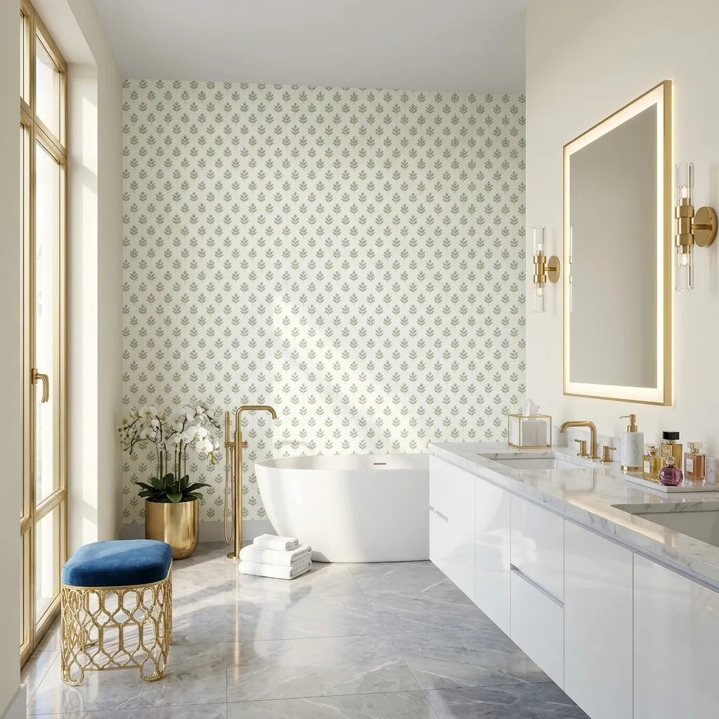 Bathroom - Serene Villa wallpaper by York Wallcoverings in green, blue, and white transforms this space into a relaxing oasis.
