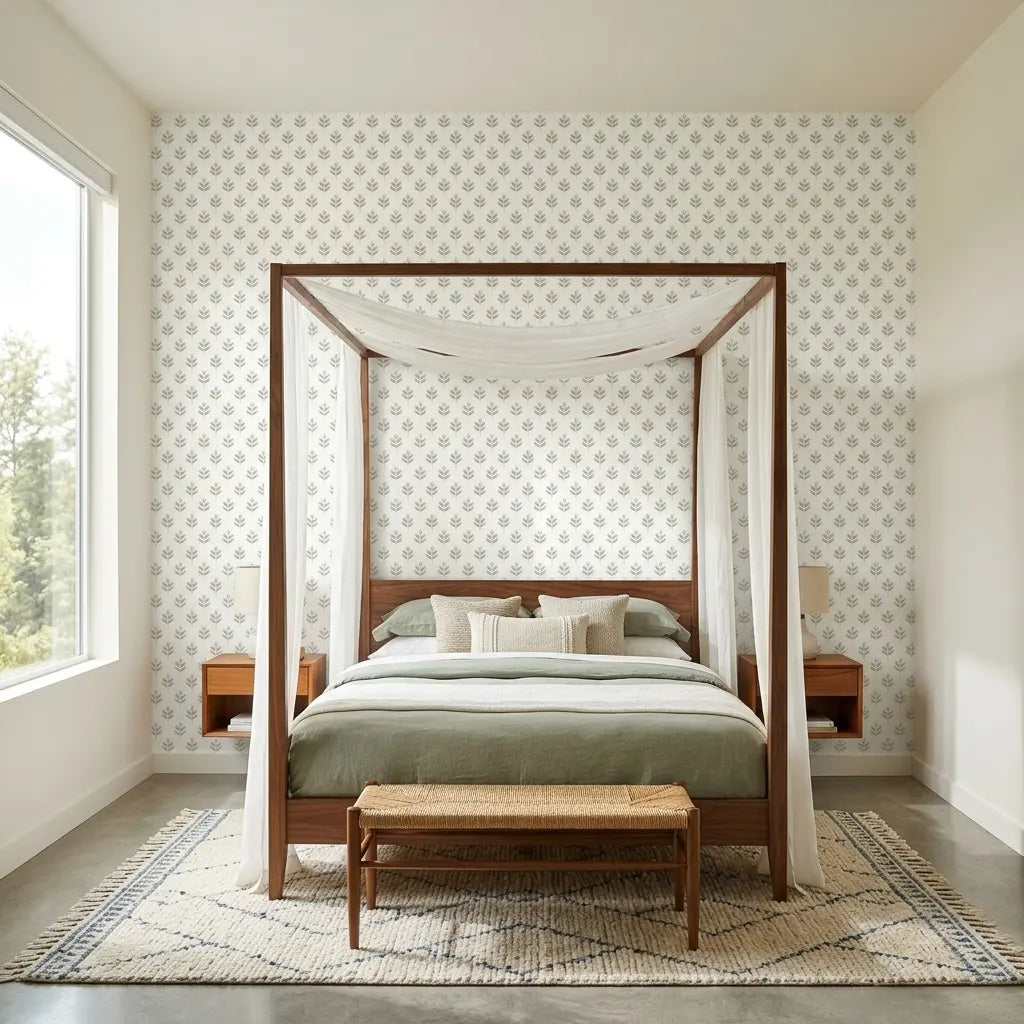 Bedroom - Elegant bedroom features 'Serene Villa' wallpaper by York Wallcoverings, showcasing a beautiful Grey, Gold, White design.