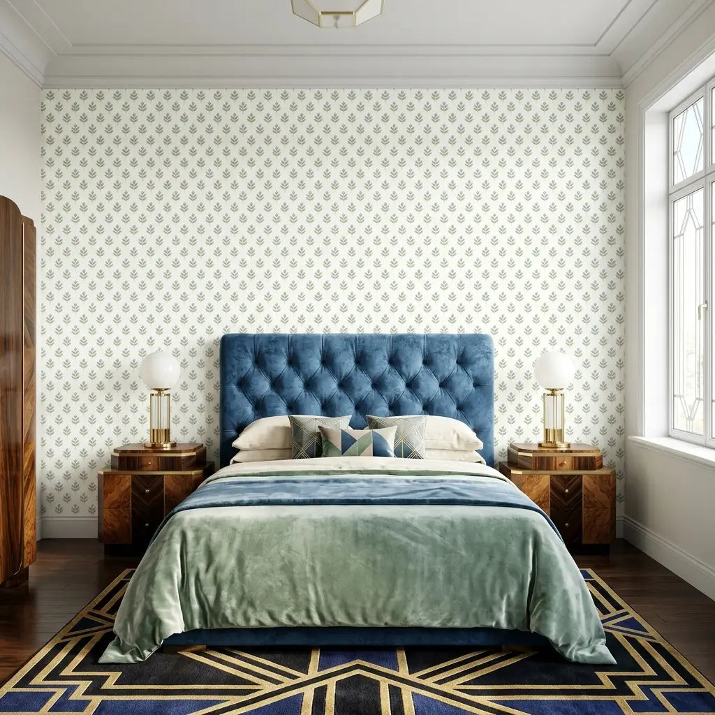 Bedroom - "Serene Villa" wallpaper by York Wallcoverings in green, blue, and white creates a tranquil space.