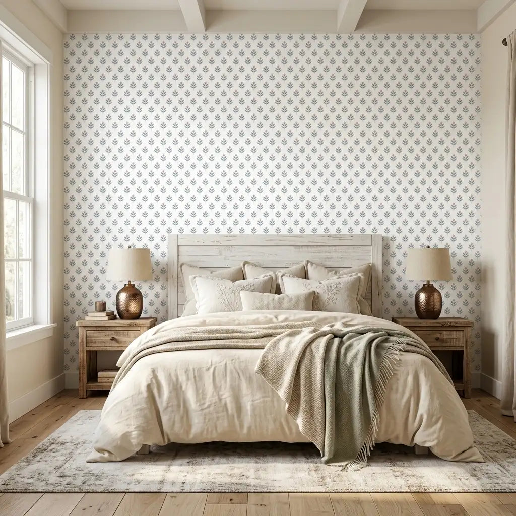 Bedroom - Serene Villa wallpaper by York Wallcoverings in Blue, Coral, White creates a tranquil and stylish bedroom retreat.