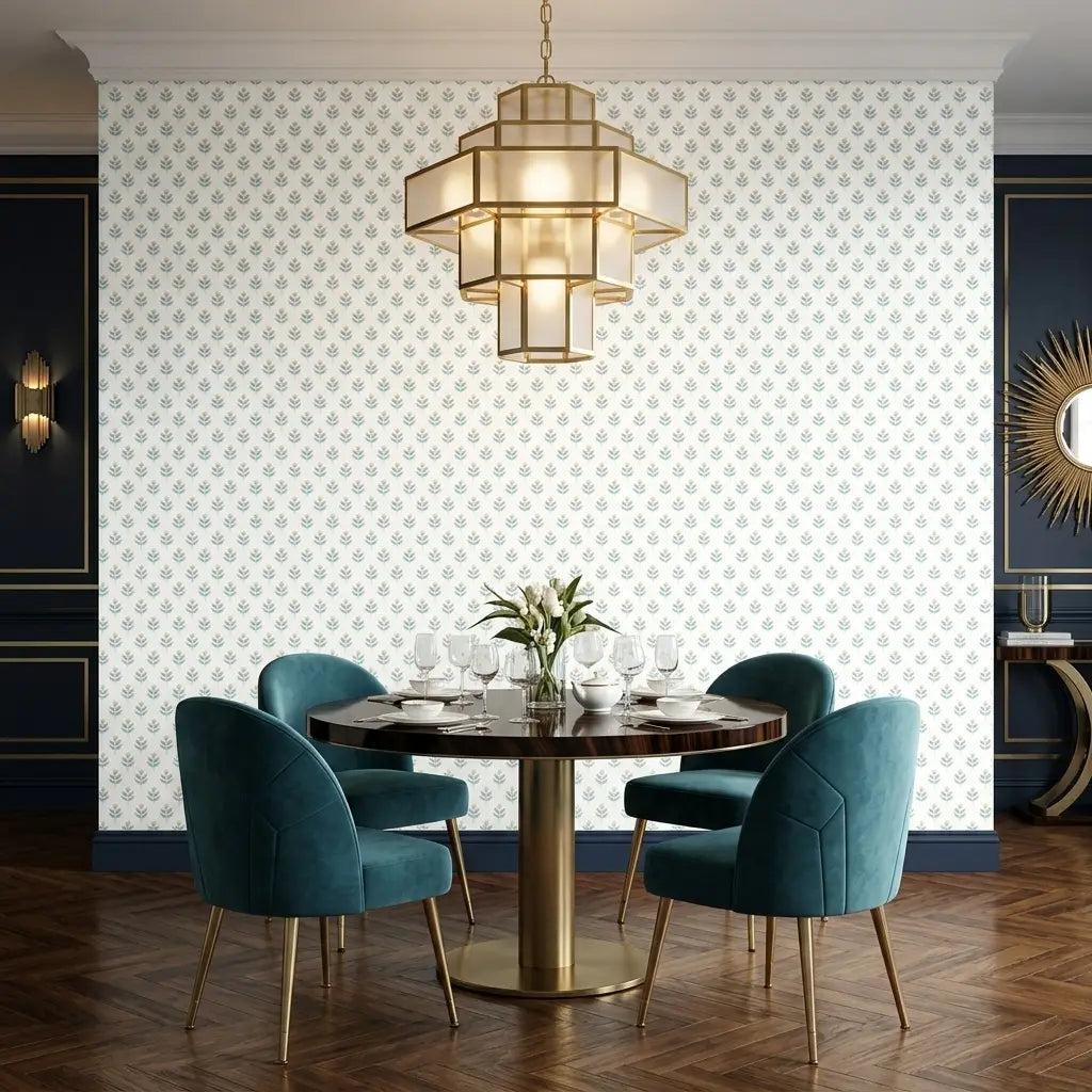 Dining Room - Stunning design featuring York Wallcoverings' Serene Villa wallpaper in a serene blue, gold, and white palette.