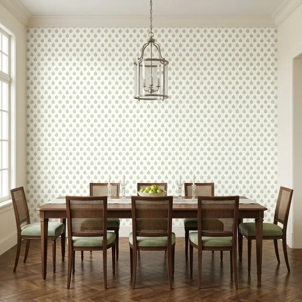 Dining Room - Elegant space showcasing York Wallcoverings' 'Serene Villa' wallpaper in a beautiful green, pink, and white pattern.
