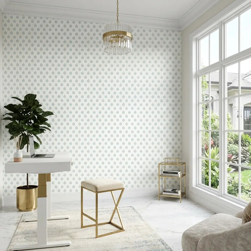 Home Office - Serene Villa wallpaper by York Wallcoverings in Blue, Gold, White creates a tranquil and stylish workspace.