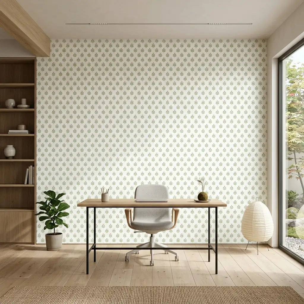 Home Office - featuring 'Serene Villa' wallpaper by York Wallcoverings in Green, Pink, White creates a tranquil workspace.