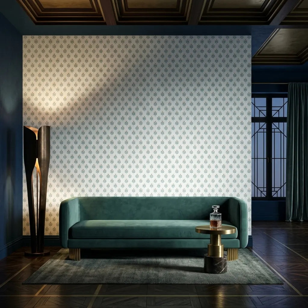 Living Room - Serene Villa wallpaper by York Wallcoverings in blue, gold, and white creates a tranquil and elegant space.