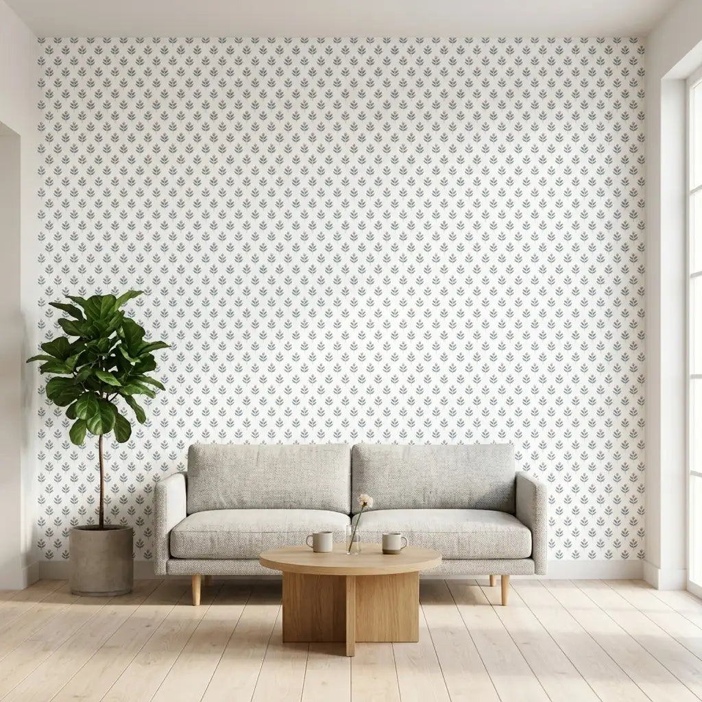 Living Room - Serene Villa wallpaper by York Wallcoverings in Blue, Coral, White brings a tranquil, stylish feel to this space.