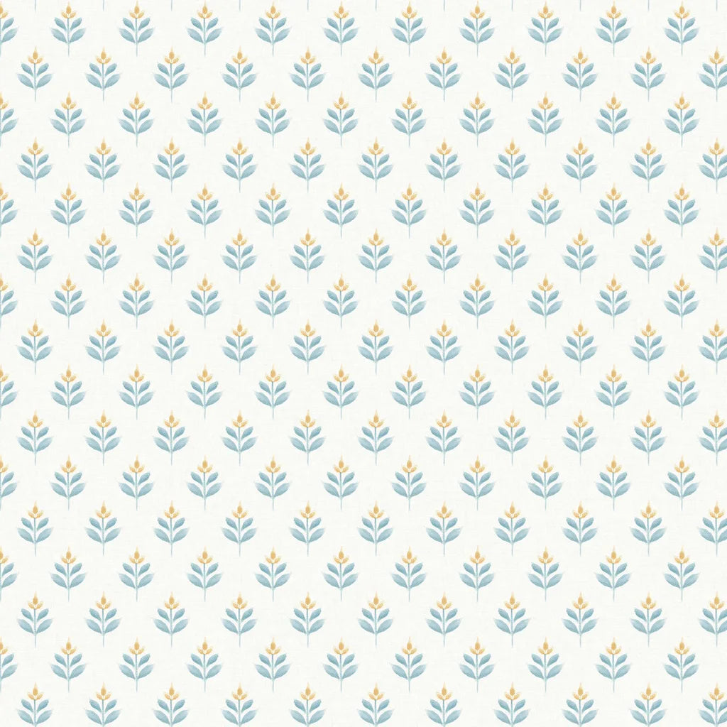 Serene Villa wallpaper pattern swatch in blue, gold, and white by York Wallcoverings.