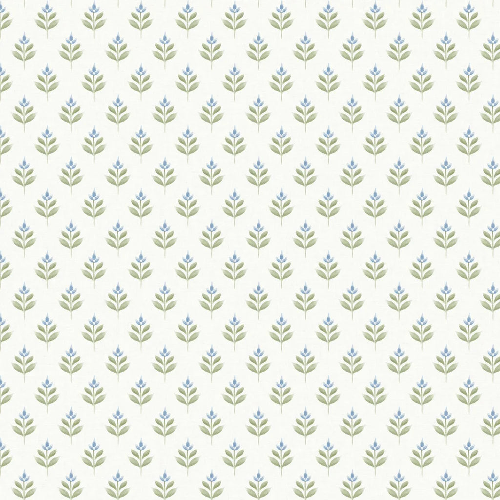 Serene Villa wallpaper pattern swatch in green, blue, and white by York Wallcoverings (SKU LL3237).
