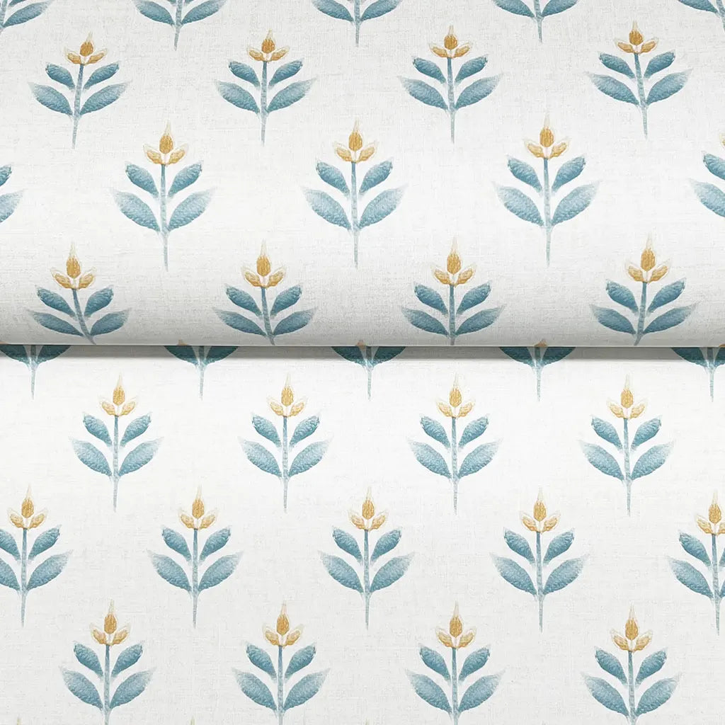Close-up texture detail of Serene Villa wallpaper by York Wallcoverings in Blue, Gold, White, highlighting intricate patterns.