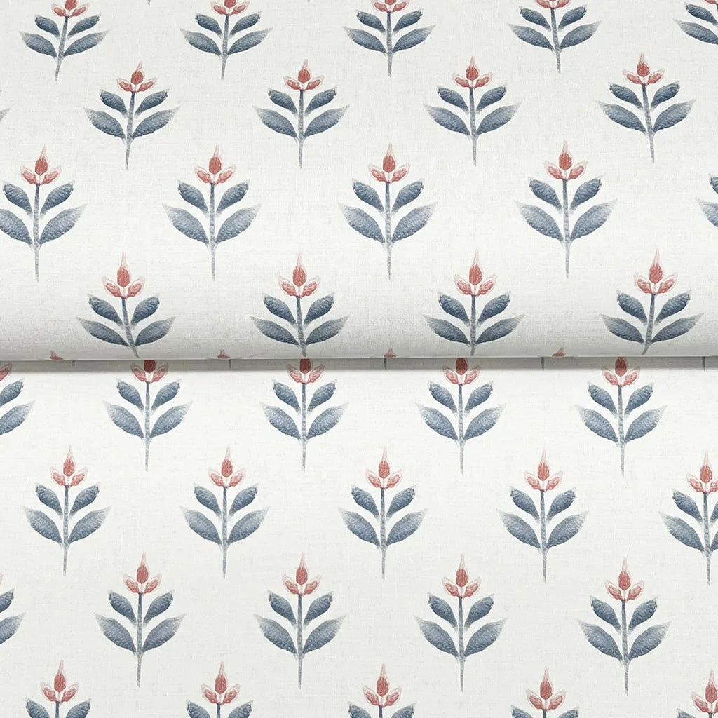 Close-up texture detail of Serene Villa wallpaper by York Wallcoverings, showcasing its elegant Blue, Coral, White pattern.
