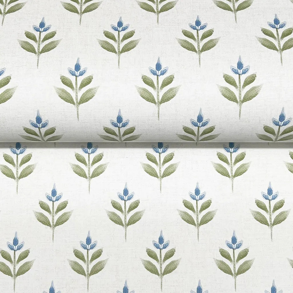 Close-up texture of Serene Villa wallpaper by York Wallcoverings in calming green, blue, and white tones.