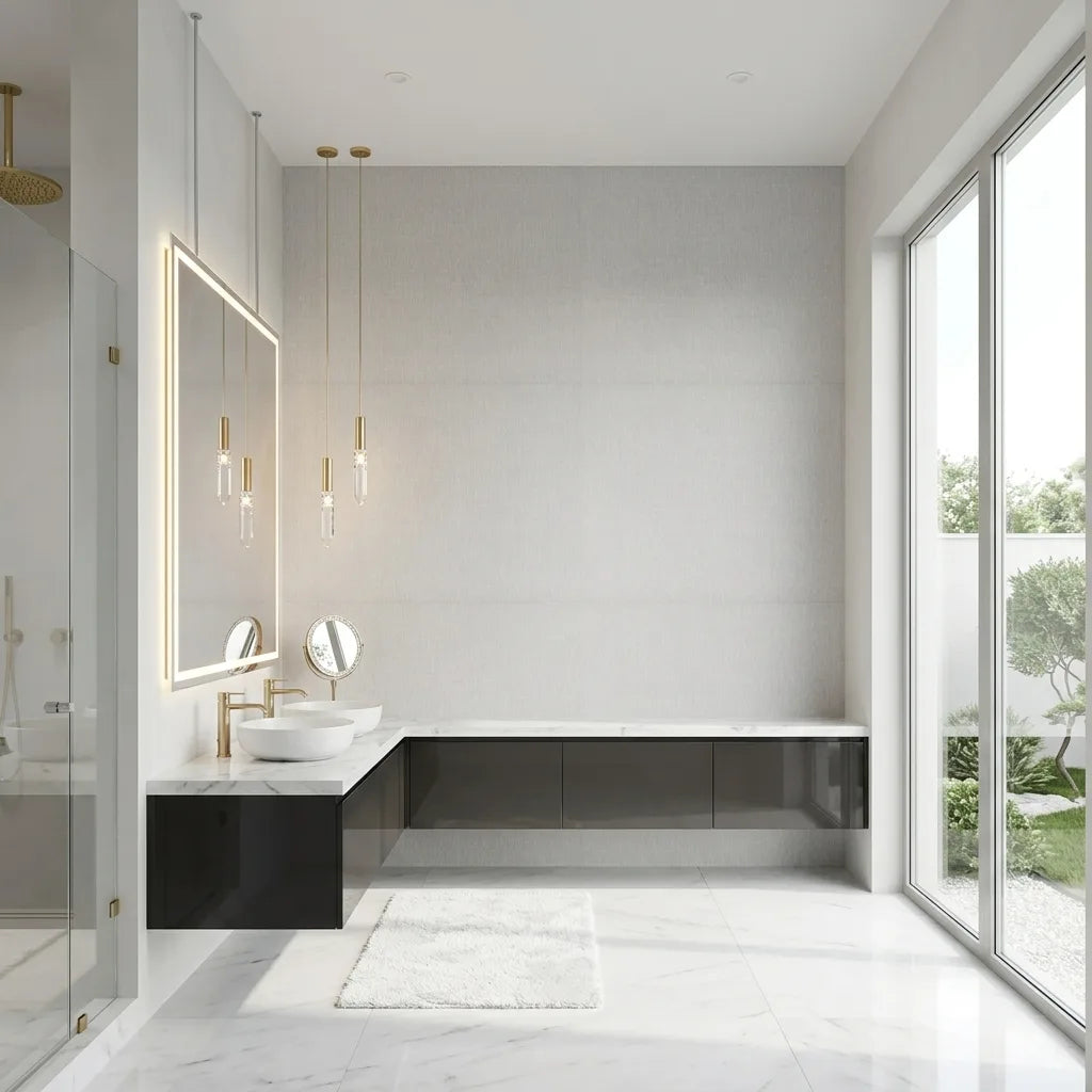 Bathroom - Elegant bathroom features 'Sheer Linen' wallpaper in Linen by York Wallcoverings, creating a serene and airy feel.