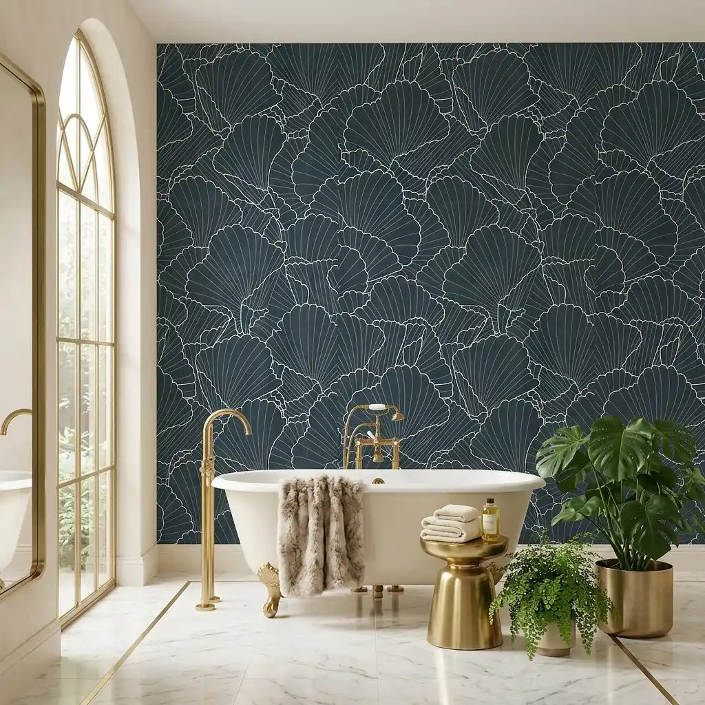 Bathroom - Features stunning Deep Teal Shell Wood Veneer wallpaper by York Wallcoverings, adding elegant texture and warmth.