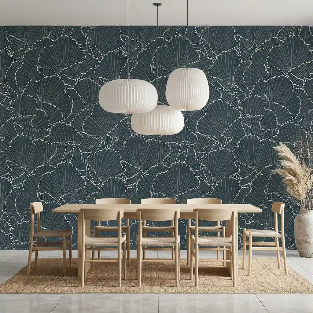 Dining Room - Modern dining area showcasing Deep Teal Shell Wood Veneer wallpaper by York Wallcoverings, creating an elegant ambiance.