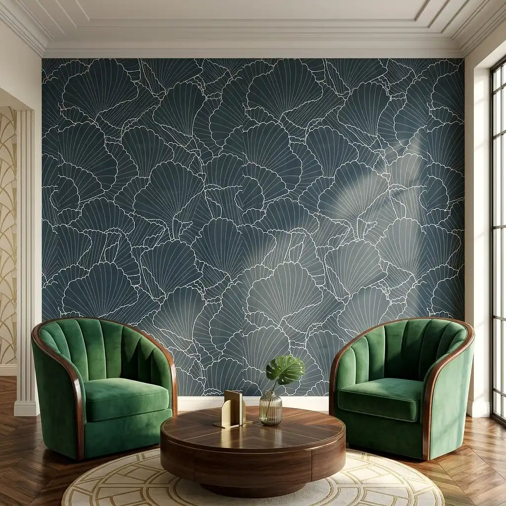 Living Room - Deep Teal Shell Wood Veneer wallpaper by York Wallcoverings adds elegant texture to this modern living space.