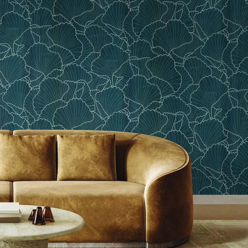 Living room with stunning Deep Teal Shell Wood Veneer wallpaper by York Wallcoverings, creating a luxurious and inviting space.
