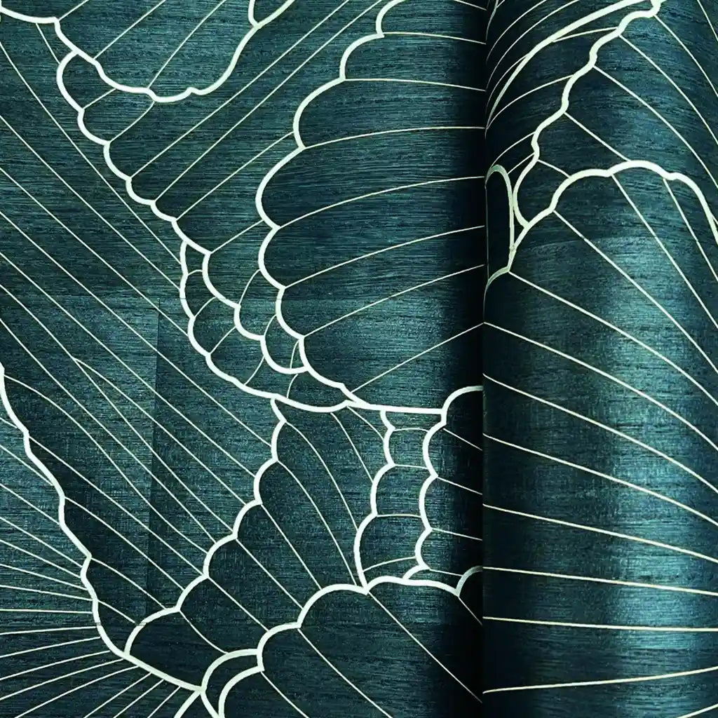 Detailed close-up of Deep Teal Shell Wood Veneer wallpaper texture by York Wallcoverings, showing its intricate grain.