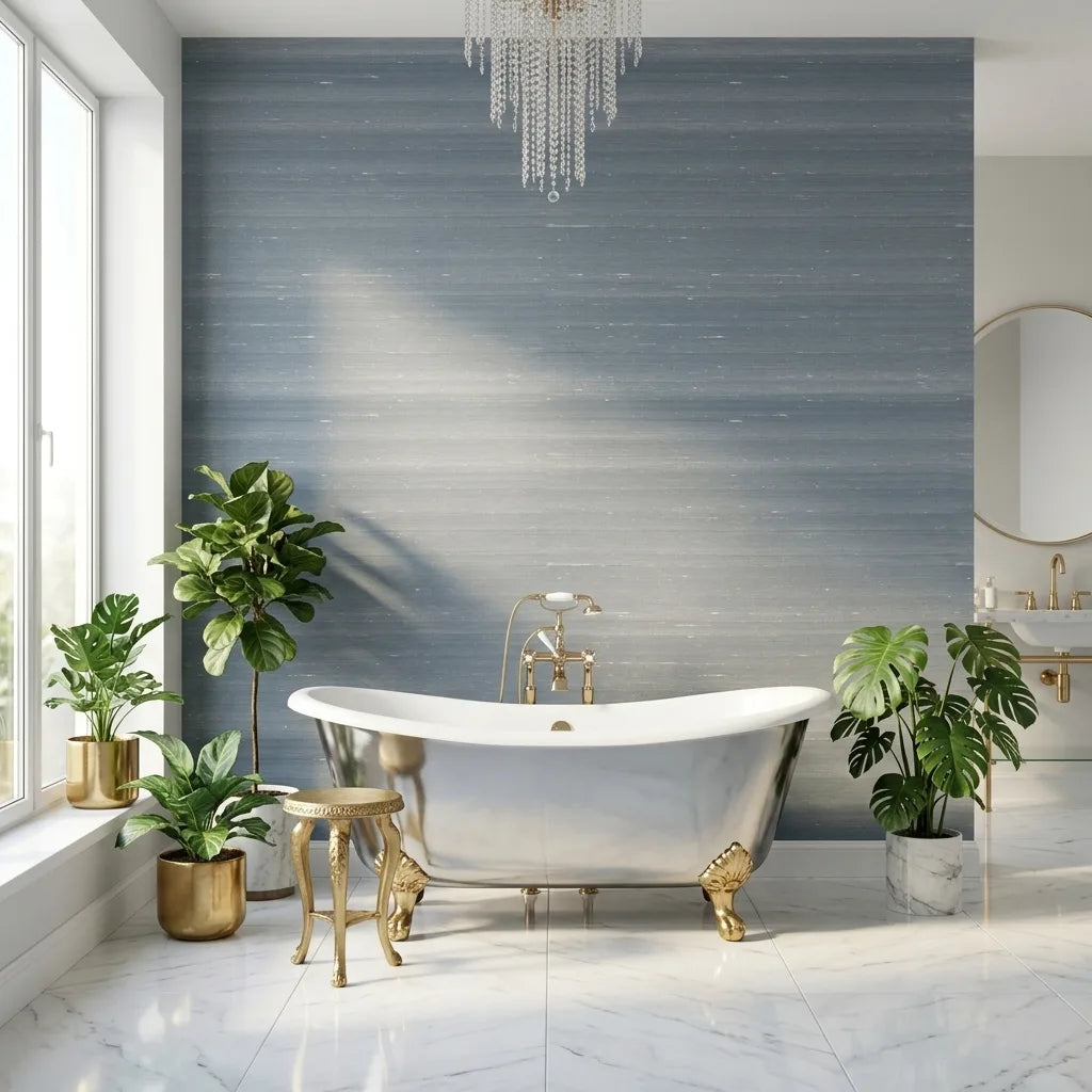 Bathroom - Elegant bathroom featuring "Silk Road" wallpaper in Dusty Blue by York Wallcoverings, creating a serene oasis.