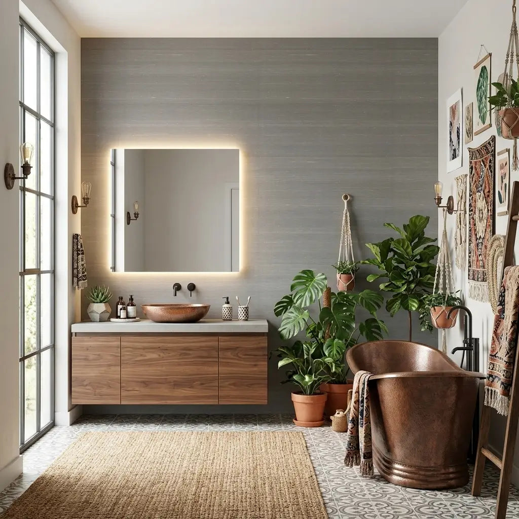 Bathroom - Elegant powder room features serene Taupe Silk Road wallpaper by York Wallcoverings, creating a sophisticated global aesthetic.