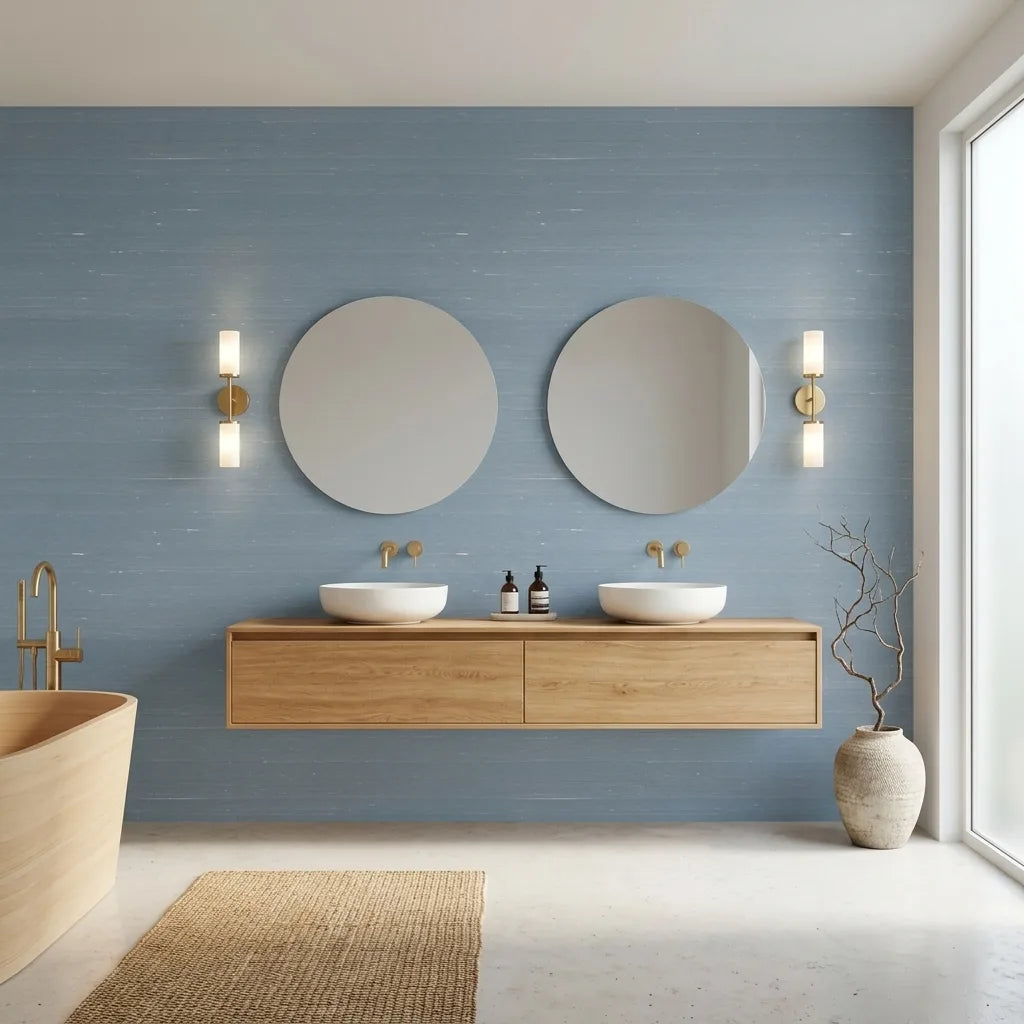 Bathroom - Silk Road wallpaper in Dusty Blue by York Wallcoverings brings serene elegance to this stylish bathroom.