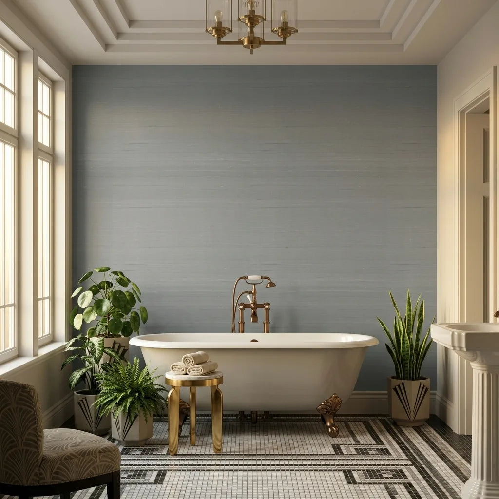 Bathroom - Features "Silk Road" Blue-Grey wallpaper from York Wallcoverings, creating a luxurious and tranquil spa-like retreat.