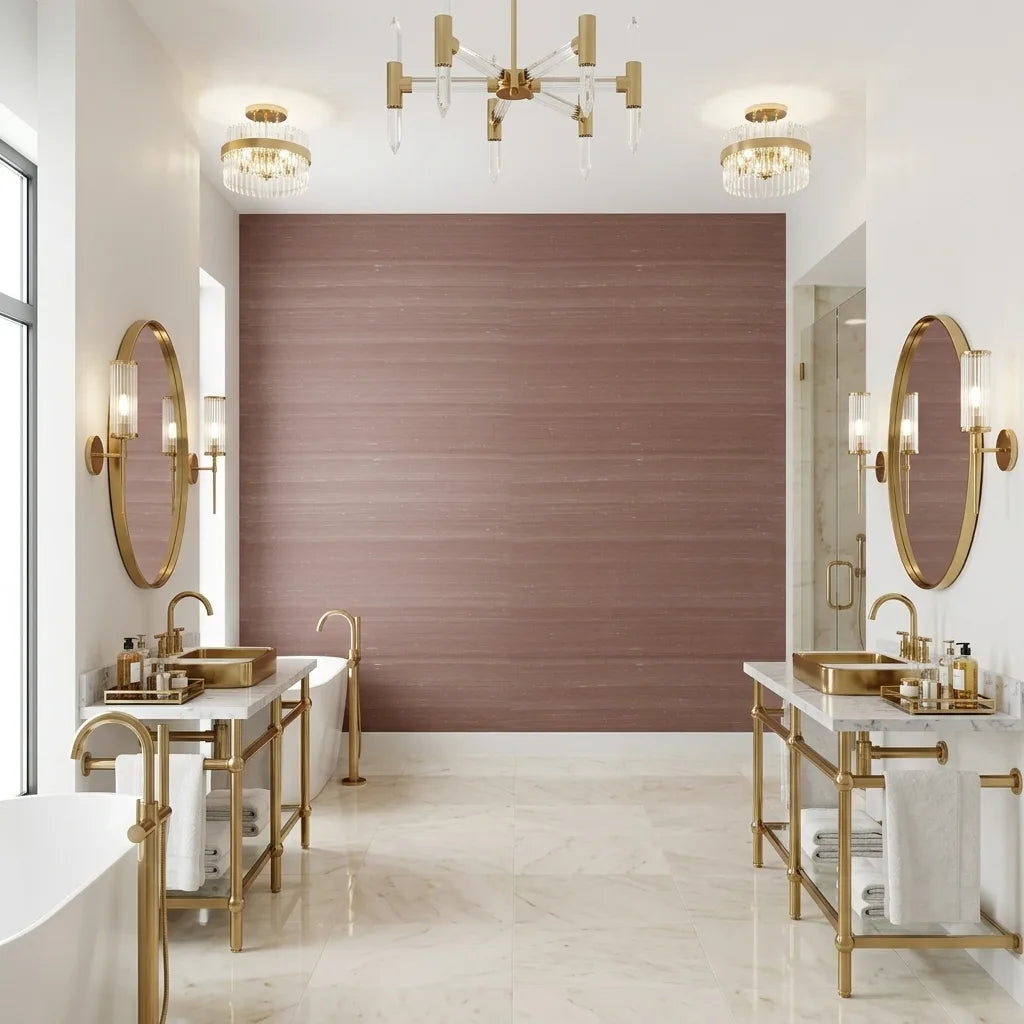 Bathroom - Features stunning "Silk Road" Terracotta wallpaper by York Wallcoverings, creating an elegant and warm space.
