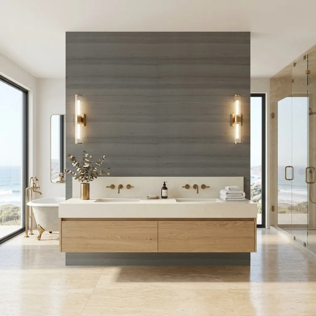 Bathroom - Elegant space showcases Greige Silk Road wallpaper by York Wallcoverings, adding serene texture to the walls.